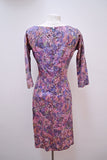 1950s Purple pink printed silk wrap bodice evening dress