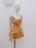 1950s Orange yellow rose print cotton swimsuit - Extra small Small