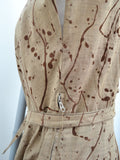 1940s Tan cotton flocked novelty splatter print belted dress