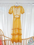 1930s Ochre chantilly lace sheer gown - Extra small