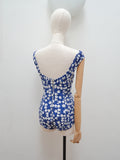 1950s Ruched off shoulder printed cotton swimsuit - Small Medium