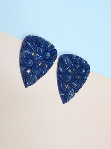1940s Carved & pierced blue Galalith dress clips