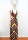 1970s Chevron stripe shirred bust halterneck maxi dress - Small