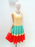 1950s Linen feel tri tone green yellow red dress - Extra small