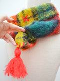 Mosy & Co. Yellow green & red tassel mohair Pixie Hood