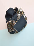 1930s Black rayon pouch purse with silver sequins