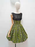 1950s 60s Green & black cotton printed dress - Extra small