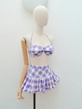1950s Purple check cotton skirted bikini - Extra small