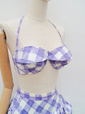 1950s Purple check cotton skirted bikini - Extra small