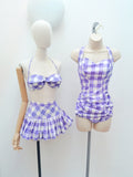 1950s Aquapoise purple check ruched swimsuit - Small Medium