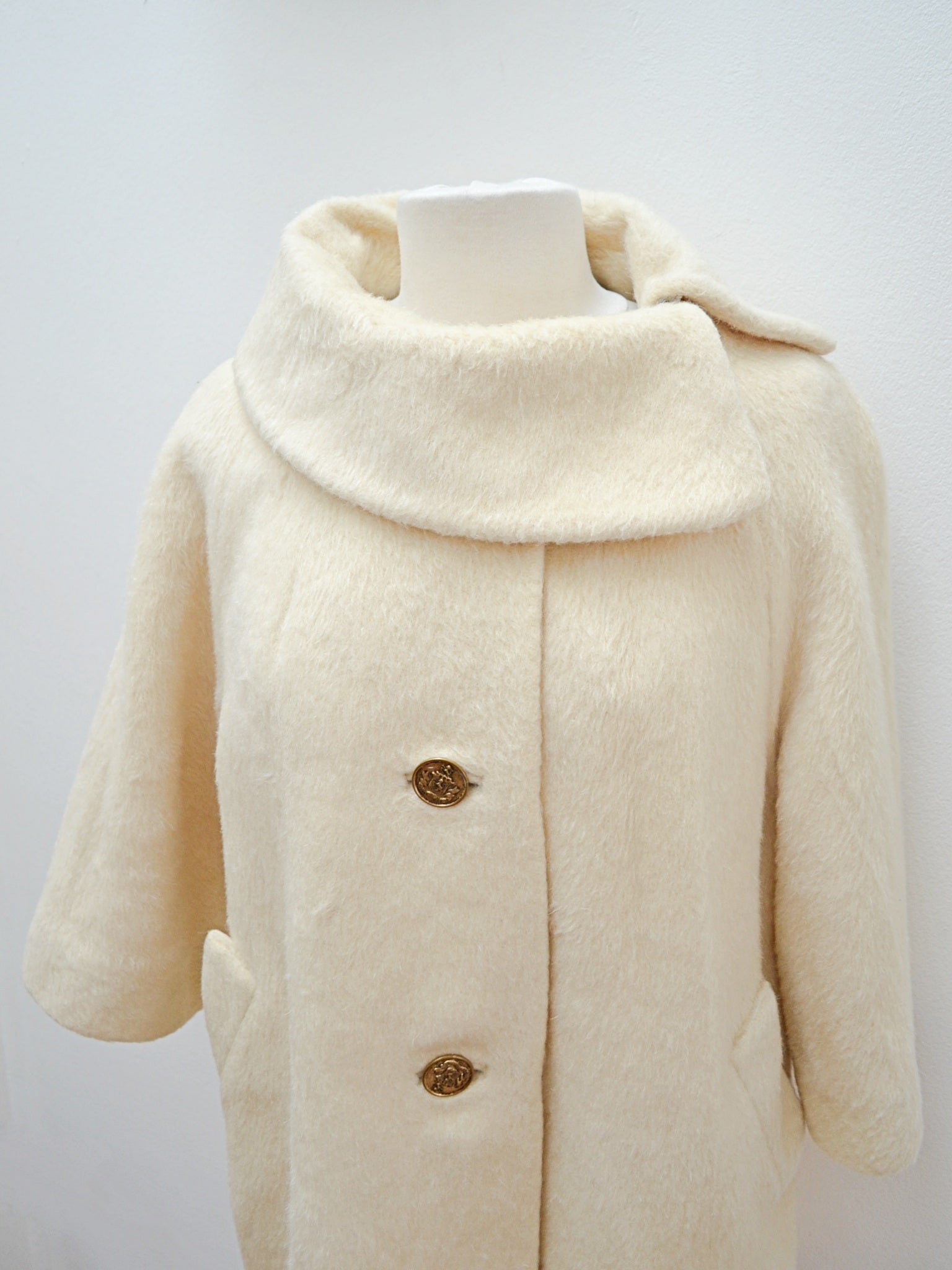 Vintage 80s Wool Mohair Coat Jacket 10 Cream Lined Buttons Pockets Round Neck outlet