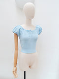 1970s Pastel blue fishnet knit off shoulder sweater top - Extra small Small