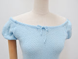 1970s Pastel blue fishnet knit off shoulder sweater top - Extra small Small