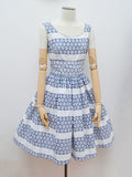 1950s White & blue cotton sash belt summer dress - Medium