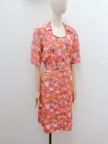 1930s Novelty print coral pink faux silk rayon dress - Medium