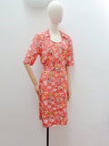 1930s Novelty print coral pink faux silk rayon dress - Medium