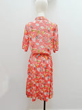 1930s Novelty print coral pink faux silk rayon dress - Medium