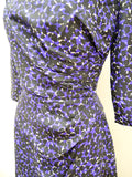 1950s Purple silk printed fitted dress with cascade skirt - Small