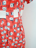1960s Red geometric print cotton day dress - Small