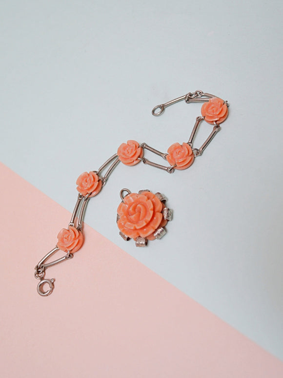 1930s Carved faux coral Galalith rose bracelet & pendent set