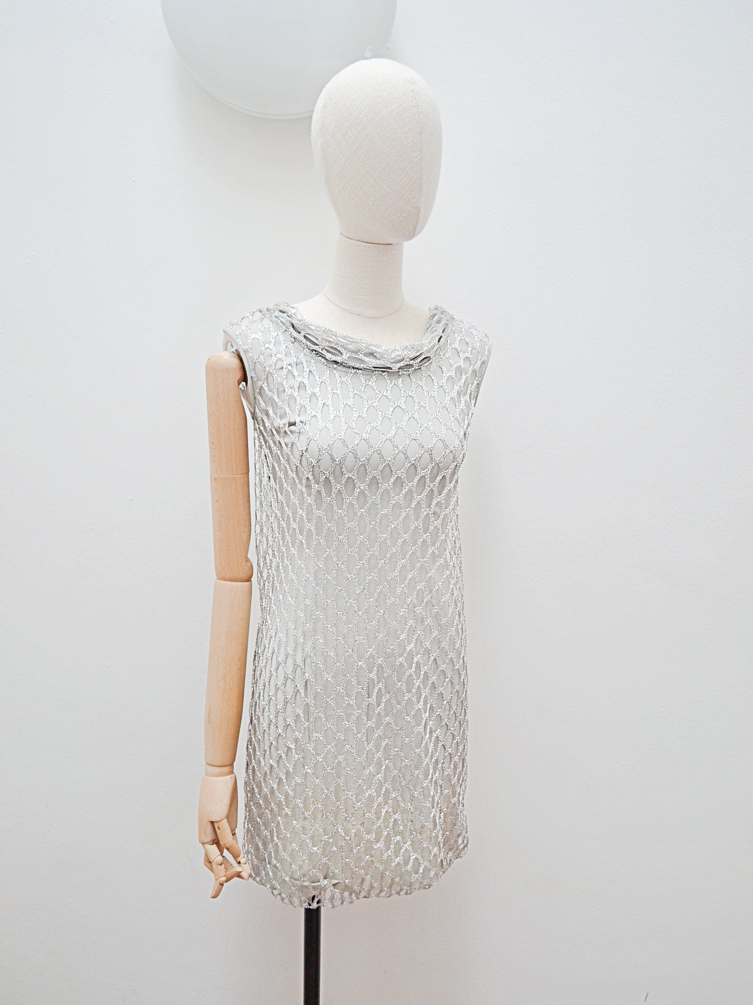 1960s Silver lurex fishnet overlay mini dress - Extra Small  Vera Mode  Vintage