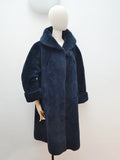 1950s Midnight blue black faux fur coat - Medium Large