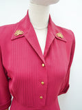 1940s Burgundy crepe pintuck bodice dress with brass detail - Small