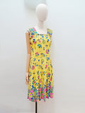 1940s Yellow seersucker cotton sun dress with floral border print - Medium