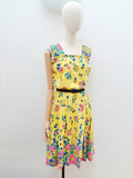 1940s Yellow seersucker cotton sun dress with floral border print - Medium