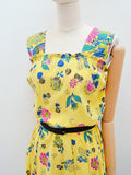 1940s Yellow seersucker cotton sun dress with floral border print - Medium