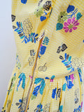 1940s Yellow seersucker cotton sun dress with floral border print - Medium