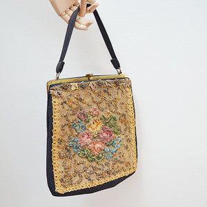 1930s Ornate brasswork beaded tapestry handbag