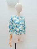 1950s Blue floral 3/4 sleeve cardigan - Small