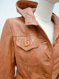 1970s Tan leather belted coat with hood - Extra small Small