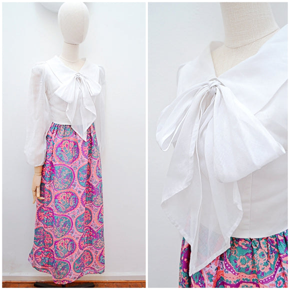 1970s White pink purple pussybow neck printed Angela Gore maxi dress - Extra small