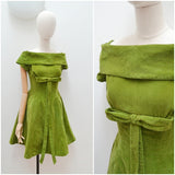 1950s Green corded velvet party dress - Extra small