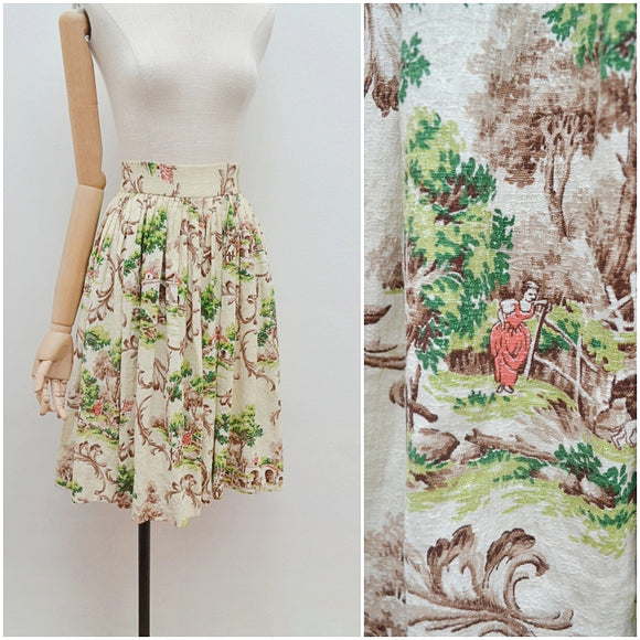 1940s 50s Novelty print ornate countryside scenic skirt - Extra small