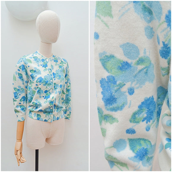 1950s Blue floral 3/4 sleeve cardigan - Small