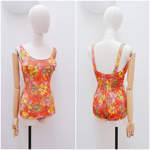 1950s 60s Painterly printed floral cotton swimsuit - Extra small Small