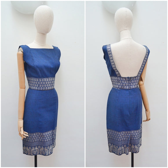 1950s Blue & silver linen wiggle dress - Small