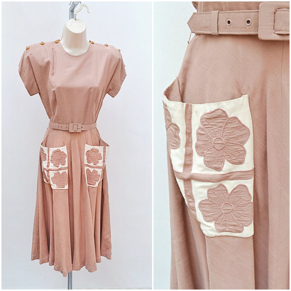 1940s Mocha rayon Brilkie day dress with applique pockets - Extra small