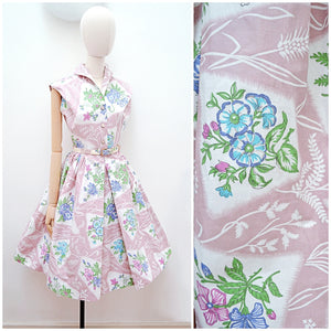 1940s 50s Wildflower print cotton full skirt day dress - Small