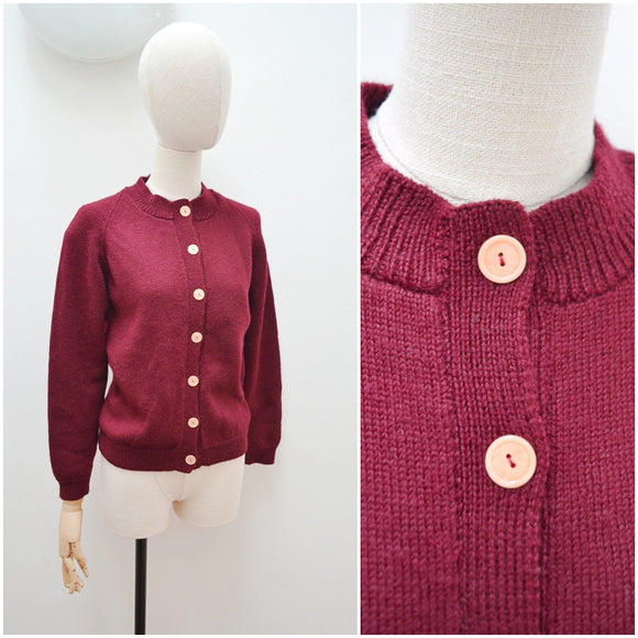 1950s Burgundy wool hand knitted cardigan - Medium