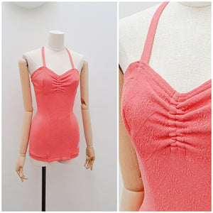 1940s Coral pink jersey ruched bust Catalina swimsuit - Extra small Small