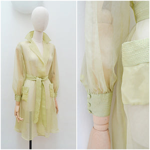 1940s Sheer chartreuse silk belted coat dress with pockets - XS S