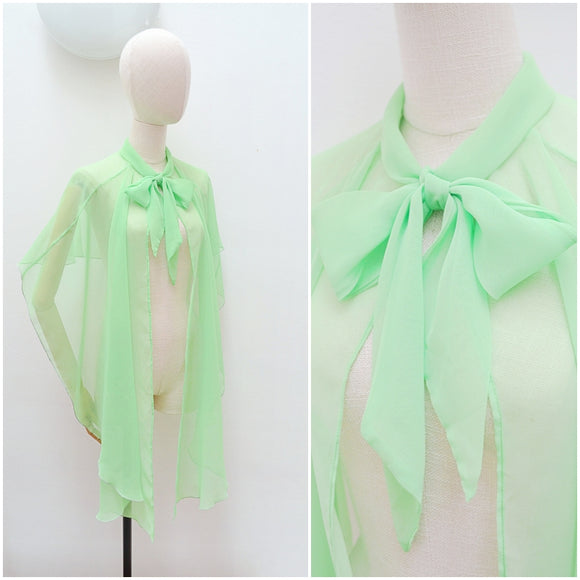 1970s Sheer green nylon tie neck coverup - free size