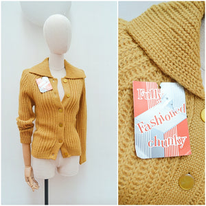 1960s Mustard wool knit long cardigan - Small