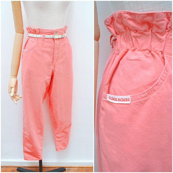 1980s Coral cotton paperbag waist summer trousers - Large