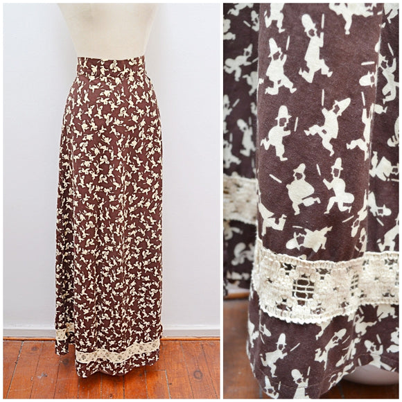 1970s Novelty print cops & robbers brown cotton maxi skirt