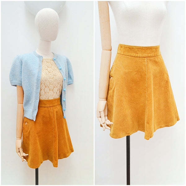 1960s 70s Ochre corduroy flared mini skirt Small